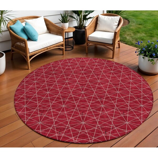 Homeroots 8' Red Black And Ivory Round Geometric Washable Indoor Outdoor Area Rug 596760 - main