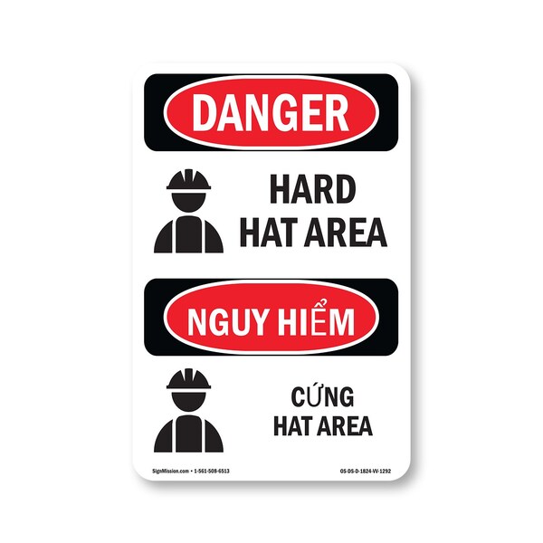 Signmission OSHA Danger Sign, Hard Hat Area Bilingual, 24in X 18in Decal, 18" W, 24" H, Hard Hat Area Bilingual OS-DS-D-1824-VV-1292 - main