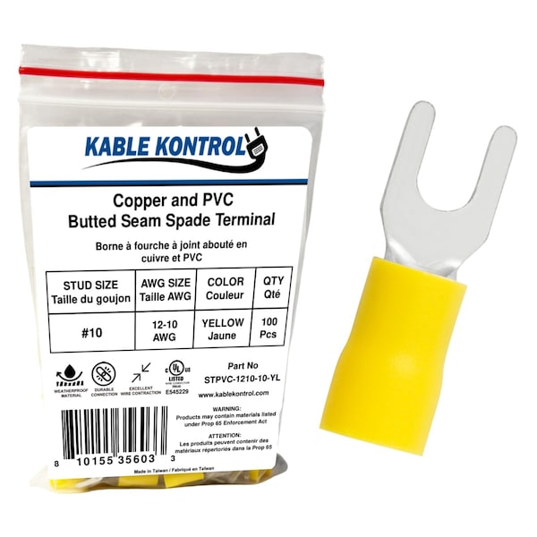Kable Kontrol Copper and PVC Butted Seam Spade Terminal, 12-10 AWG, Stud Size # 10, Yellow, 100 Pcs, 100PK STPVC-1210-10-YL - main