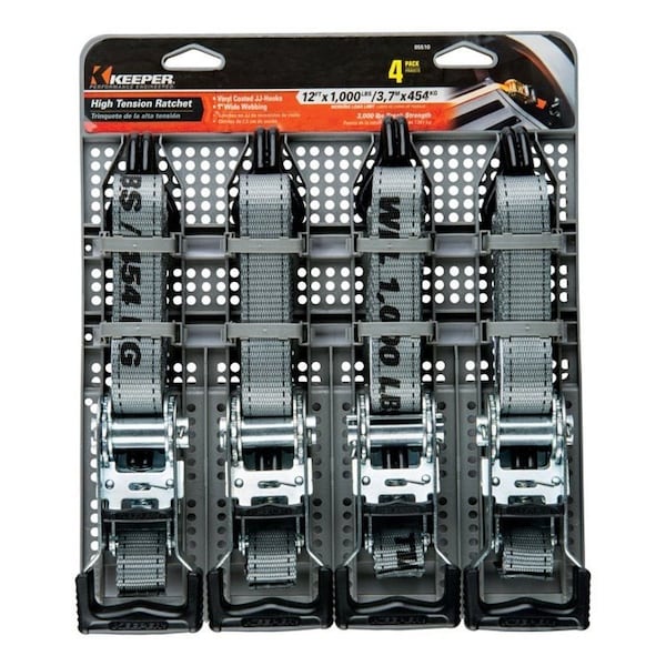 Keeper Tie-Down Strap, 1 in W, 12 ft L, 1000 lb Working Load, J-Hook End, 4PK 05510 - main