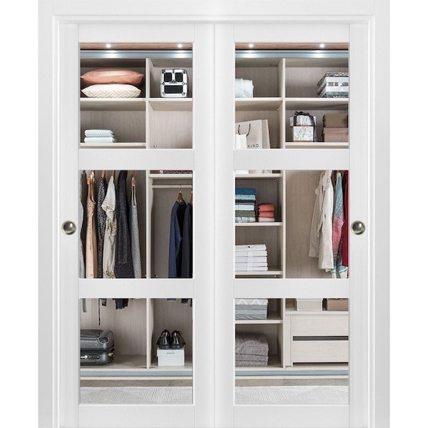 Sartodoors Sliding Closet 3 Lites Bypass Doors Clear Glass, Lucia 2555 White Silk, Sturdy Rails Moldings Trim LUCIA2555DBD-WS-84 - main