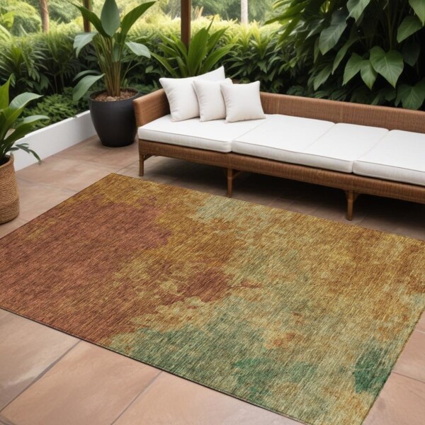 Homeroots 9' X 12' Terra Cotta Copper And Green Abstract Washable Indoor Outdoor Area Rug 604825 - main