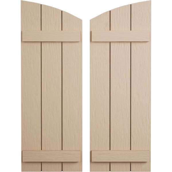 Ekena Millwork Rough Sawn 3 Board Joined Board-n-Batten w/Elliptical Top Faux Wood Shutters, 16 1/2W x 76H, PR SHUBJL16X76RSPR - main