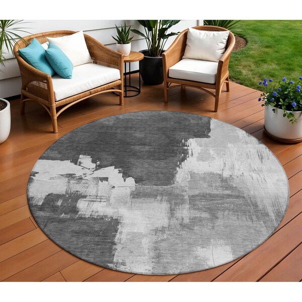 Homeroots 8' Gray And Smoky Black Round Abstract Washable Indoor Outdoor Area Rug 609168 - main