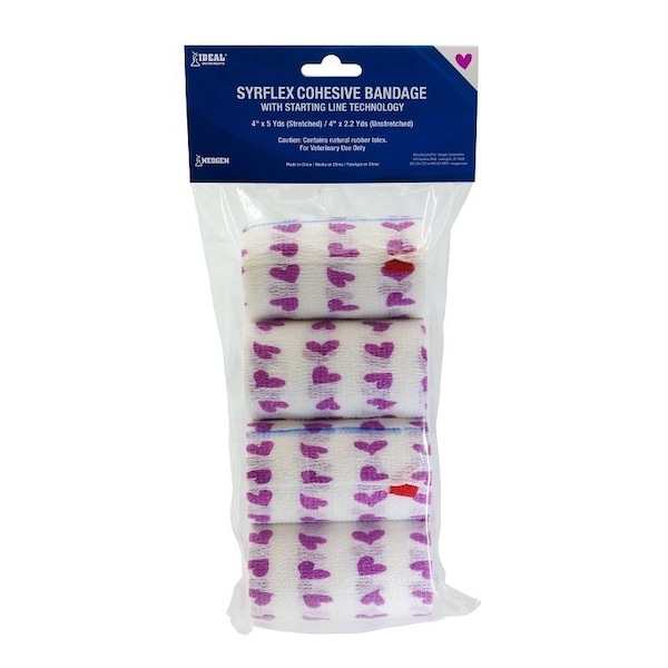 Neogen Ideal SyrFlex Hearts Cohesive Bandage, 5 yd L, 4 in W, Rubber Latex Bandage, Pink TA3400WHIP-4PK - main