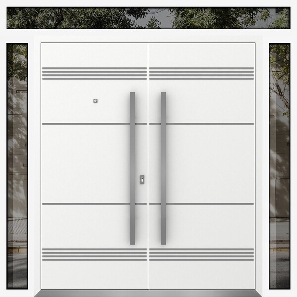 Vdomdoors Metal Double Doors Deux 1705 White Enamel 2 Sidelights and Top Transom Entry Modern Painted 100x92 DEUX1705DEXD-BEM-W14+72+14xH80+12-LH-I - main