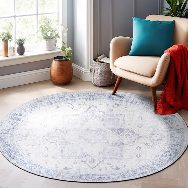 World Rug Gallery Medallion Boho Machine Washable Area Rug 8 ft Round Blue 5054BLUE8RND - main