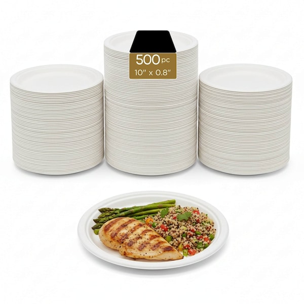 Eco Harmony Products Bagasse Plates, PFAS-Free, Compostable, White, 10", 500PK 804570 - main