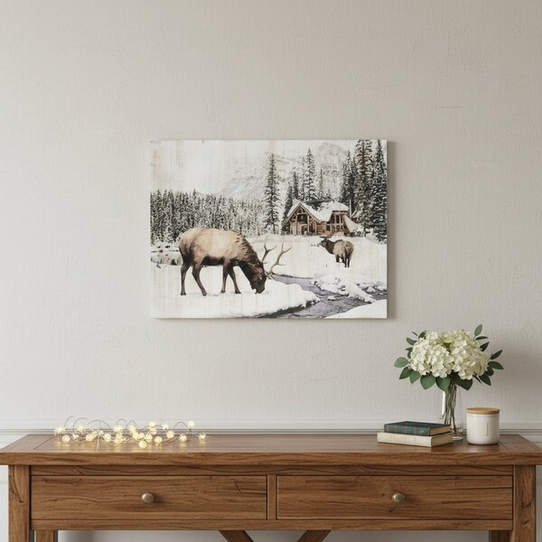 Homeroots 14" X 19" Brown And White Wood Winter Reindeer Lodge Hanging Wall Decor 634754 - main