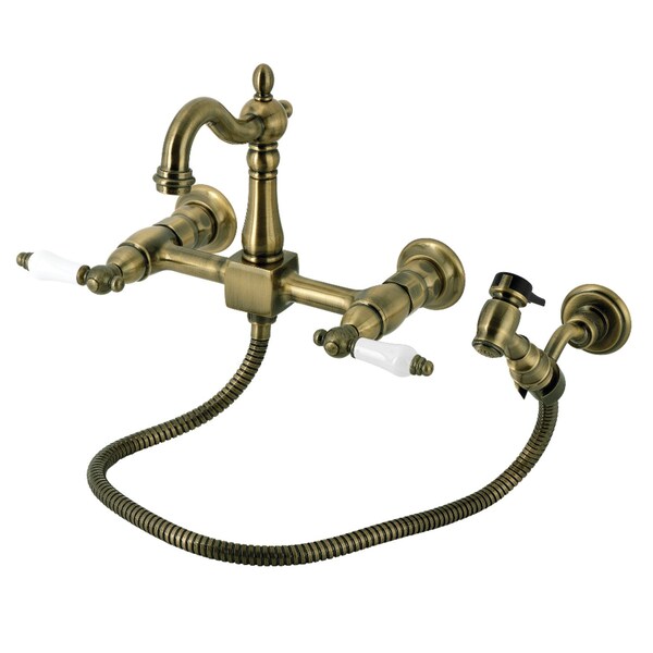 Kingston Brass Two-Handle Wall Mount Bridge Kitchen Faucet with Brass Sprayer, Antique Brass KS2443PLBS - main