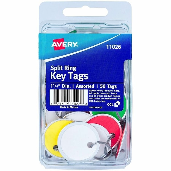 Avery Metal Rim Key Tags, Metal, 1.3" Dia., Assorted, Round, 50 PK AVE11026 - main