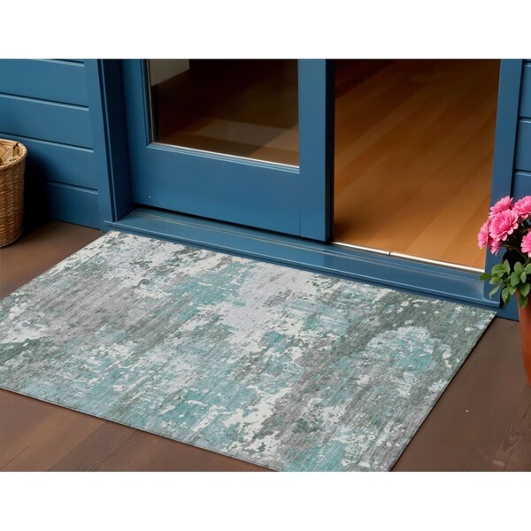 Homeroots 3' X 5' Blue And Teal Blue Abstract Washable Indoor Outdoor Area Rug 610438 - main
