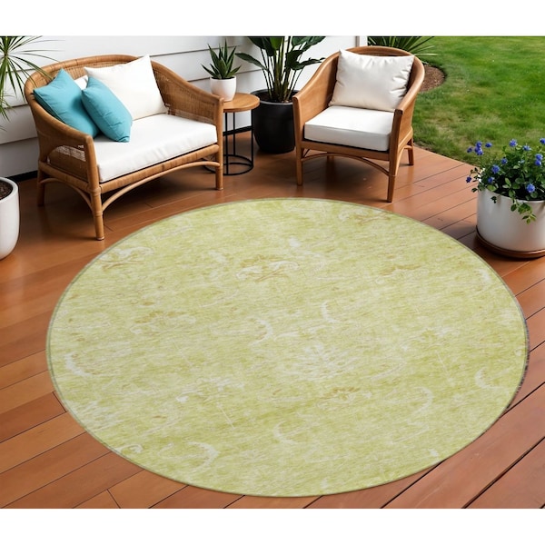 Homeroots 8' Artichoke Green And Ivory Round Damask Washable Indoor Outdoor Area Rug 603349 - main