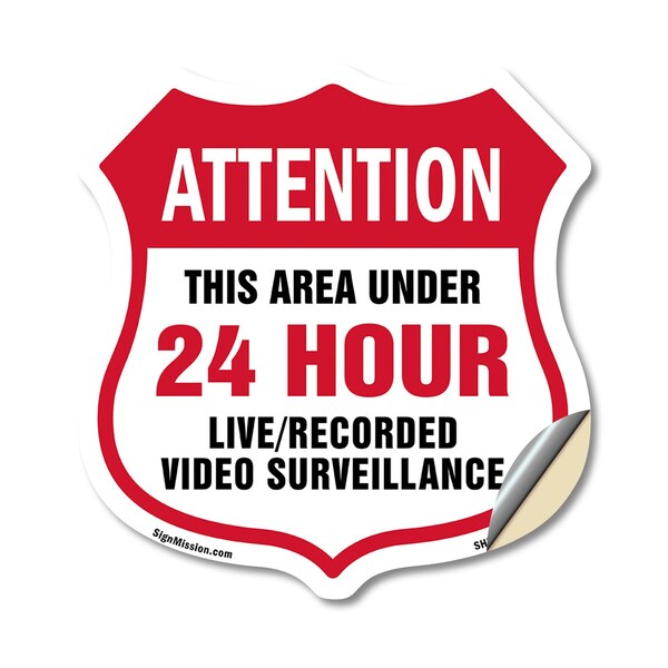 Signmission 24 Hour Surveillance Shield Sign Attenti, 18 Inch X 18 Inch, Vinyl Decal SHI-D-18-349 - main