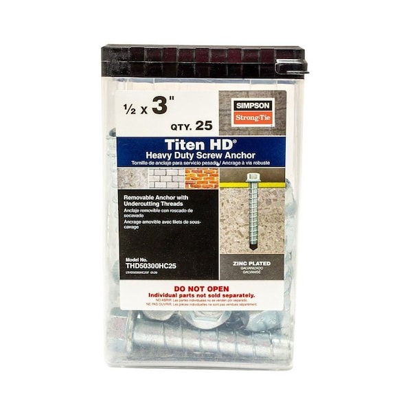 Simpson Strong-Tie Titen HD Heavy-Duty Screw Anchor, 1/2 in Dia, 3 in L, Carbon Steel, Zinc Plated THD50300HC25 - main