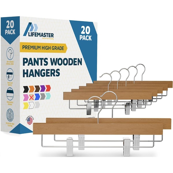 Lifemaster Natural Wooden Pants Hangers 20 Pack, Lotus Wood, Adjustable Clips, 10lb Capacity, Swivel Hook LMWPH20NT - main