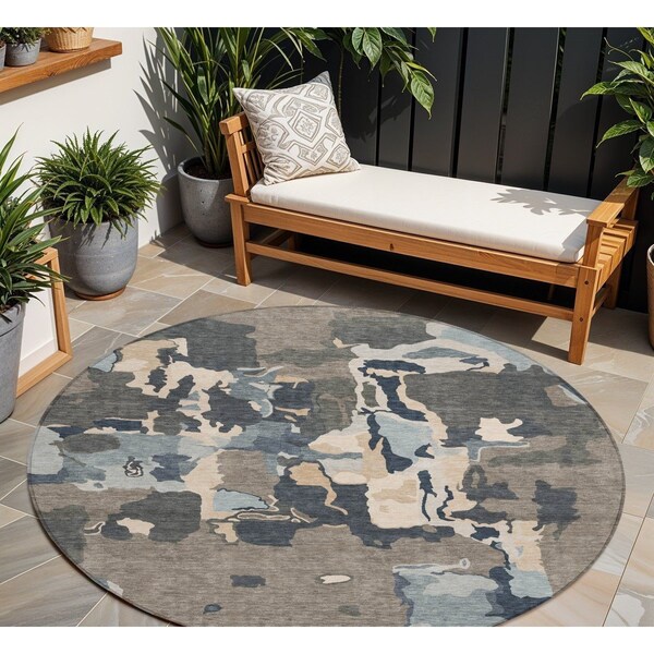 Homeroots 8' Taupe Gray And Beige Round Abstract Washable Indoor Outdoor Area Rug 599600 - main