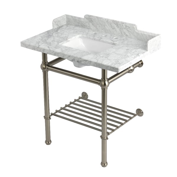Kingston Brass 36-Inch Carrara Marble Console Sink with Brass Legs and Shelf, 8-Inch, 3-Hole LMS36MBSQB8 - main
