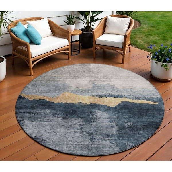 Homeroots 8' Blue Gray And Gold Round Abstract Washable Indoor Outdoor Area Rug 602995 - main