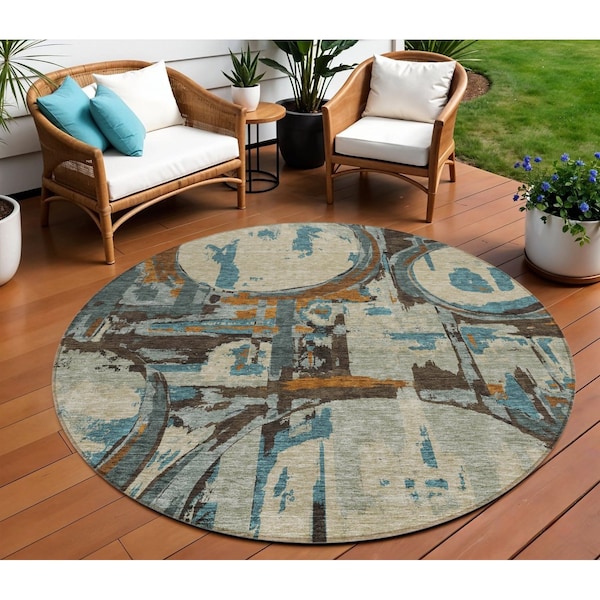 Homeroots 8' Beige Brown And Copper Round Geometric Washable Indoor Outdoor Area Rug 589370 - main