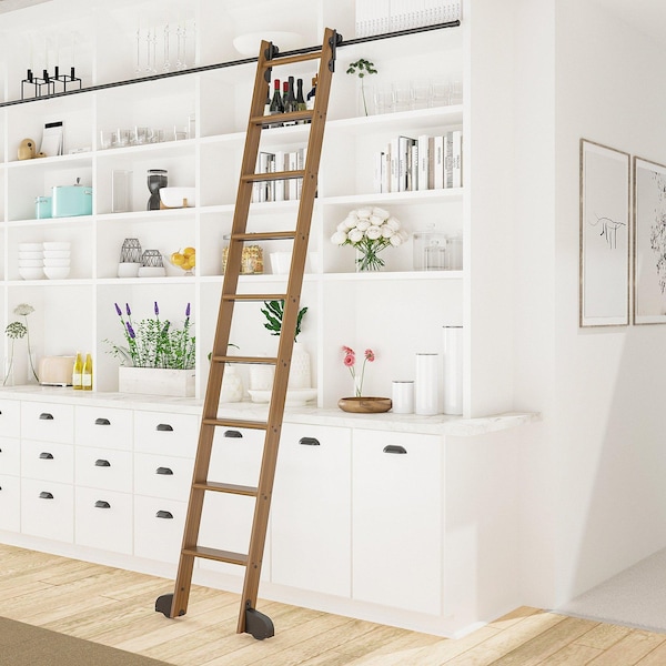 Quiet Glide 8.92 ft. Walnut Contemporary Wheel Black Rolling Hook Removable Ladder, 12 ft. Rail QG.540-9WA-12-H.08 - main