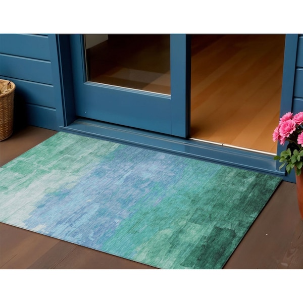 Homeroots 3' X 5' Teal Blue And Aqua Striped Washable Indoor Outdoor Area Rug 610907 - main