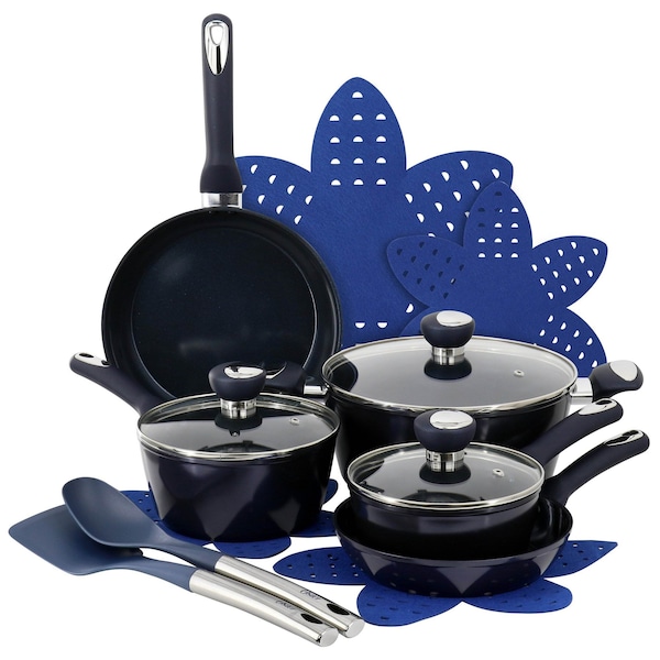 Oster Hawke 14 Piece Ceramic Nonstick Cookware Set in Dark Blue 141073.14RR - main
