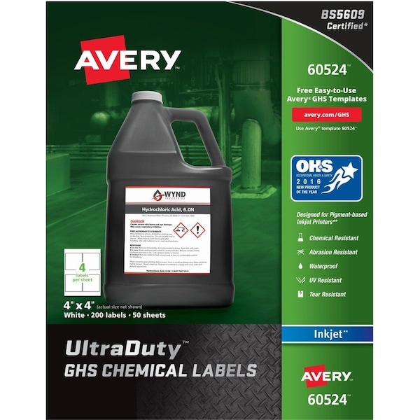 Avery Dennison Avery GHS Chemical Waterproof & UV Resistent Labels, Inkjet, 4in x 4in, 200/Pack 60524 - main