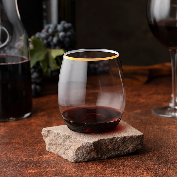 Smarty Had A Party 12 oz. Clear with Gold Elegant Stemless Plastic Wine Glasses (64 Glasses), 64PK 3712-CL-G-CASE - main