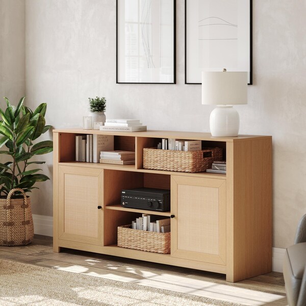 Flash Furniture Malaki 58 Inch Buffet Sideboard w/2 Soft Close Drs and Cntr Shelf, up to 65in. TV's, Natural/Rattan EV-ET8114-ZZ-NAT-GG - main