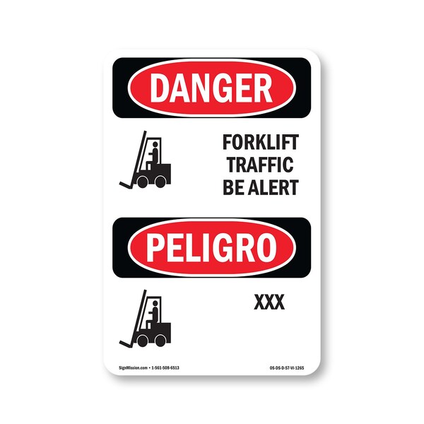 Signmission Safety Sign, OSHA Danger, 7" Height, Forklift Traffic Be Alert Bilingual, D-57-VI-1265 OS-DS-D-57-VI-1265 - main