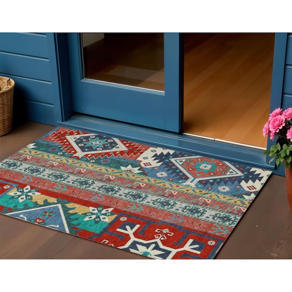 Homeroots 3' X 5' Red Pink And Teal Blue Aztec Washable Indoor Outdoor Area Rug 598502 - main
