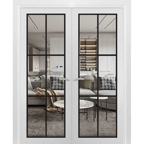 Sartodoors Solid French Double Doors Clear Glass, Lucia 2366 White Silk and Aluminum Strips, Wood Solid Panel LUCIA2366DD-WS-84 x 96 (2* 42x96)-Butterfly - main