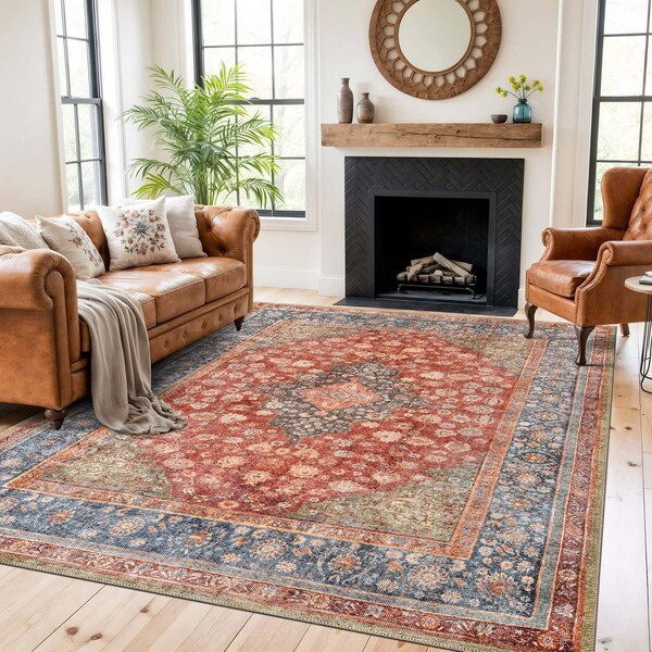 World Rug Gallery Red Vintage Medallion Rug, Washable, Low Pile, Great for Bedrooms or Living Rooms 7ft 7in x 9ft 6in WR171RED8X10 - main