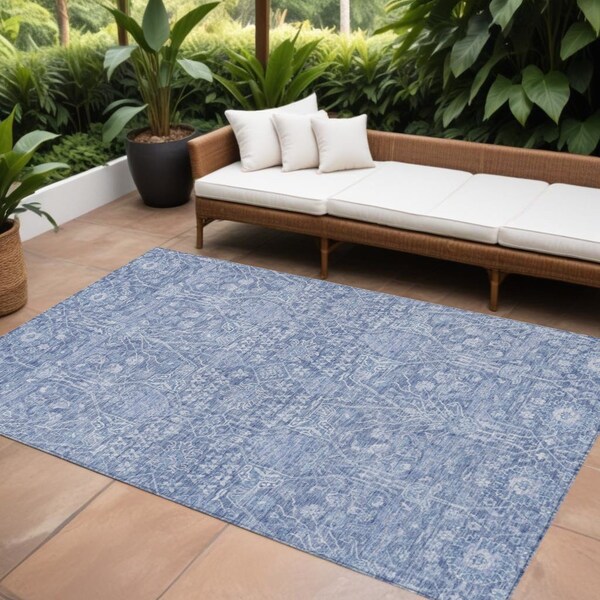Homeroots 10' X 14' Denim Blue And Ivory Floral Washable Indoor Outdoor Area Rug 604676 - main
