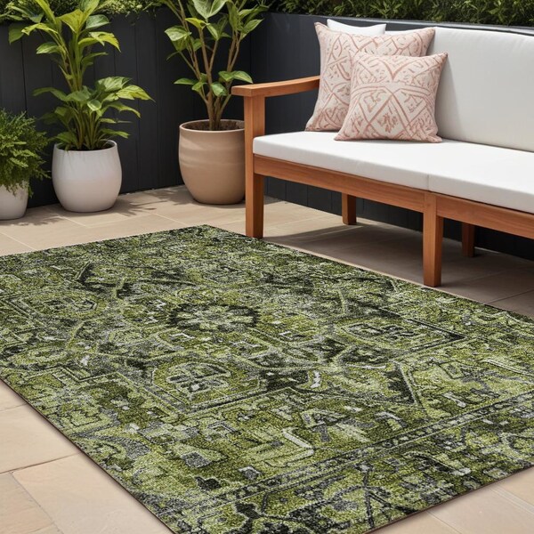 Homeroots 9' X 12' Olive Green and Dark Green Oriental Washable Non Skid Indoor Outdoor Area Rug 563779 - main