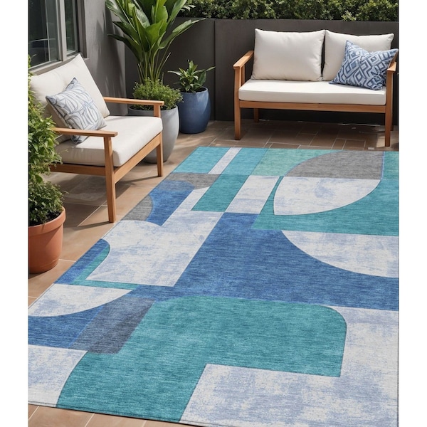 Homeroots 5' X 8' Teal Blue And Ivory Geometric Washable Indoor Outdoor Area Rug 617927 - main