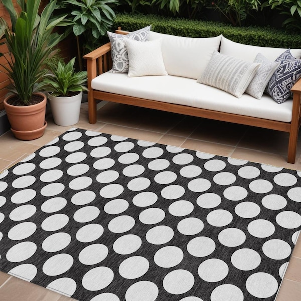 Homeroots 9' X 12' Black And Ivory Polka Dot Washable Indoor Outdoor Area Rug 595209 - main