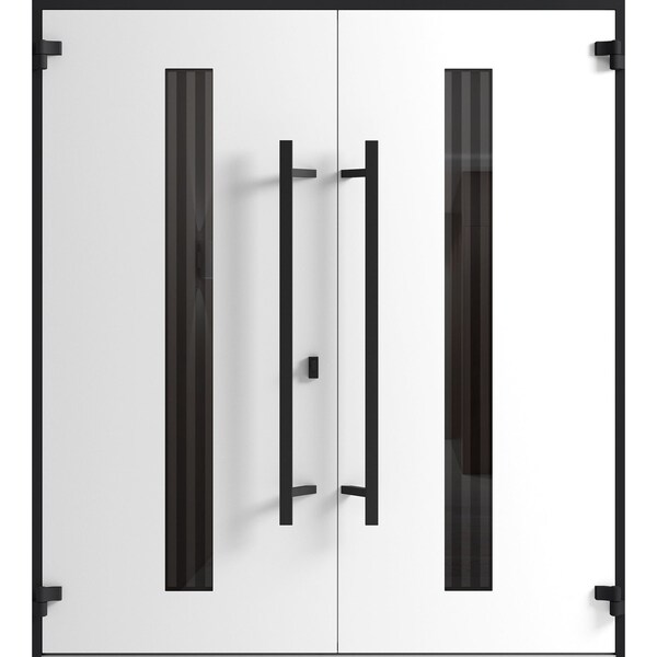Vdomdoors Front Exterior Prehung Aluminum Double Doors Ronex1055 Teak Mirrored Clear Glass Entry Metal Modern RONEX1055DEXD-OAK-W72xH96-RH-O - main