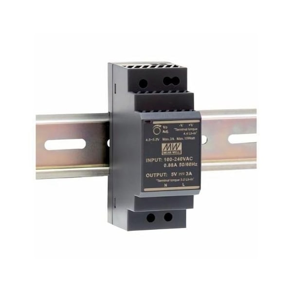 Meanwell Mean Well, AC-DC Ultra slim DIN rail power supply; Input range 85-264VAC; Output 5VDC at 3 HDR-30-5 - main