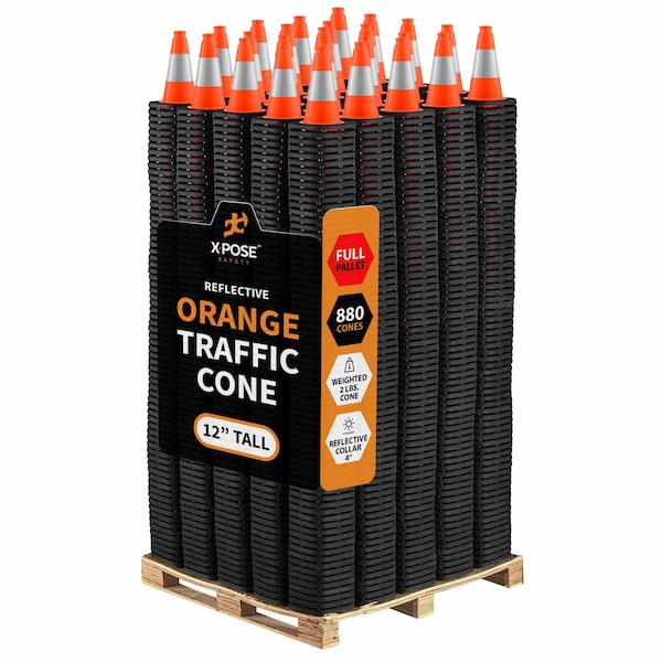 Xpose Safety Traffic Safety Cone, 12 in, PVC, 6 in Reflective Collar, Orange, Full Pallet, PK880 OTC12-4-FP880-X - main
