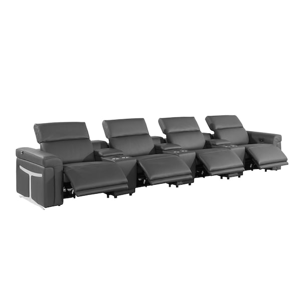 Homeroots 166" Dark Gray Top Grain Leather Reclining Metal USB Sofa 720376 - main