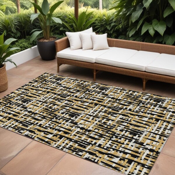 Homeroots 9' X 12' Black Gold And Ivory Abstract Washable Indoor Outdoor Area Rug 602549 - main