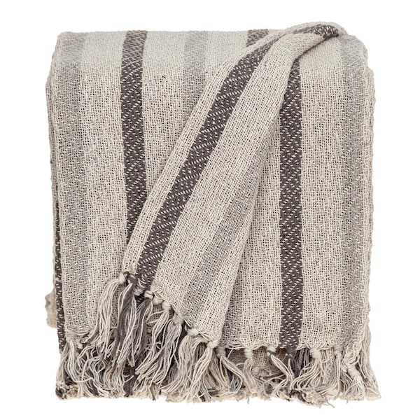 Homeroots 67" X 52" Beige And Taupe Cotton Woven Striped Throw Blanket with Fringe 476213 - main
