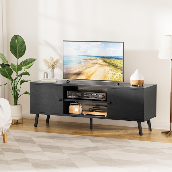 Simple Deluxe TV Stand for 45 55 60 inch Living Room, 2 Cabinet Media Console Table, Entertainment Center with St 3A88TVS001BLK01 - main