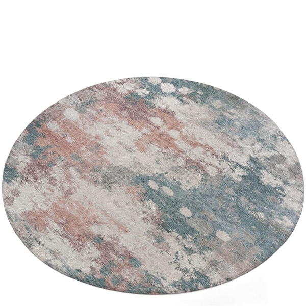 Homeroots 8' Coral And Teal Blue Round Abstract Washable Indoor Outdoor Area Rug 631971 - main