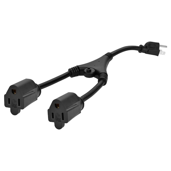 Monoprice Molded Y-Splice Extension Cord Adapter, 18 AWG, Indoor, 18/3, 1 Outlets, 5-15R, Black, 5-15P, 1 ft 35055 - main