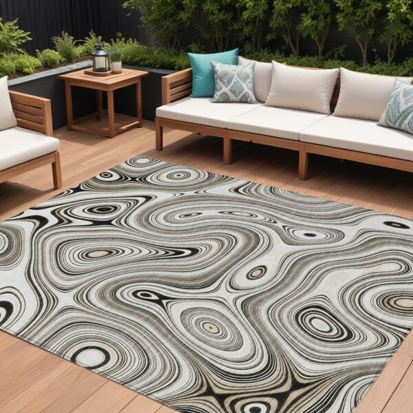 Homeroots 8' X 10' Ivory And Charcoal Geometric Washable Indoor Outdoor Area Rug 631392 - main