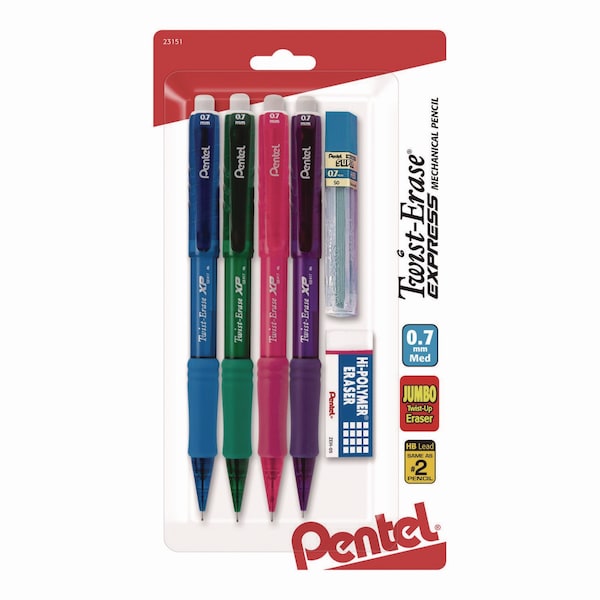Pentel Twist Erase EXPRESS Mechanical Pencil, 0.7 mm, HB #2, Black Lead, Assorted Color Barrels, 4PK QE417FLZBP4 - main
