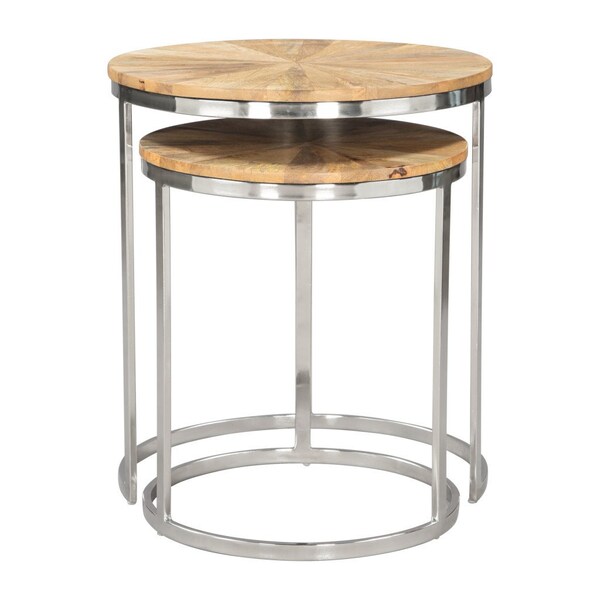 Homeroots Set of Two Natural And Silver Solid Wood And Iron Round Frame Nested Tables 576792 - main